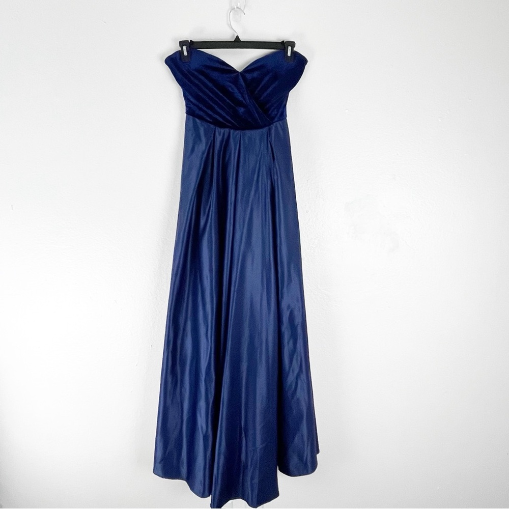 FAERIESTY Navy Blue Belted Waist Velvet Strapless Top Front Split Maxi Dress XL